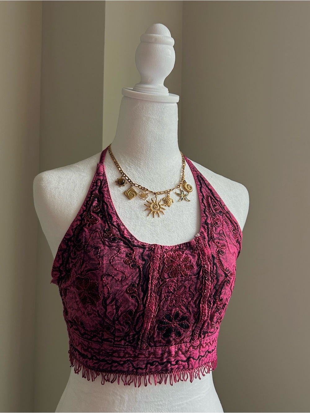 1990's Fuchsia Embroidered Halter Tie Back Crop Top